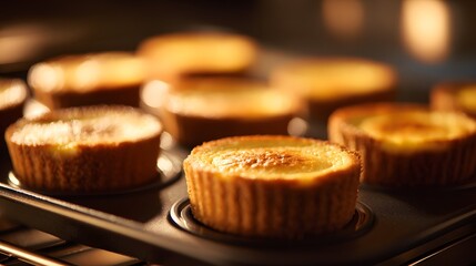 Tiny baked tarts with golden crusts sit in a baking tray.