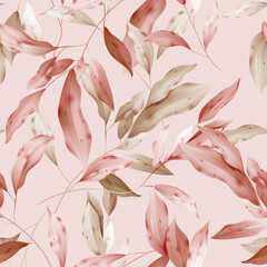 Botanical seamless pattern featuring watercolor-inspired style of intertwining brown and red leaves and branches on a soft pink background