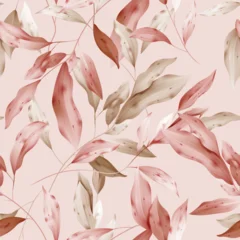 Gordijnen Bladeren Botanical seamless pattern featuring watercolor-inspired style of intertwining brown and red leaves and branches on a soft pink background  © momosama