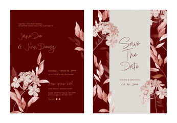 Wedding invitation and save the date template set with clusters of watercolor-style flowers and leaves in pale pink tones on a deep burgundy background