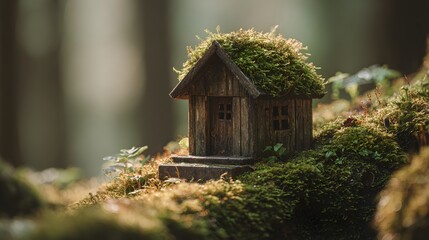 Small wooden dwelling covered in moss sits nestled in a sunlit forest.