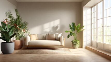 Bright room with modern sofa and lush green plants bathed in sunlight.
