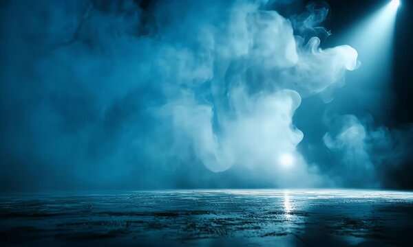 A cinematic and mysterious animated background of a dark stage with a bright spotlight from above, illuminating swirling smoke and fog on the floor. Seamless loop video for presentation or product dis