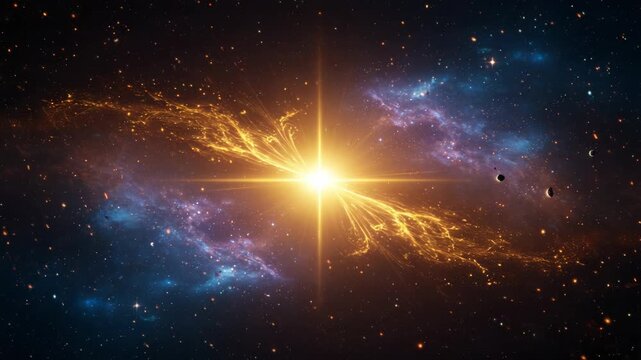 Bright star exploding in a colorful nebula with planets in deep space
