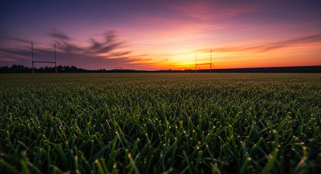 Dew-covered grass on a rugby field at sunrise with goalposts silhouetted against colorful sky, ideal for sports and outdoor themes