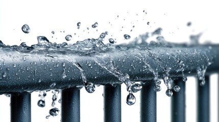 Water Droplet Showcase: A close-up view of a metallic railing being drenched by a cascade of water droplets, resulting in an eye-catching display.