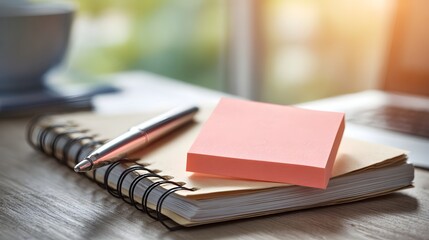 Pen and pink sticky notes rest on a notebook on a wooden desk.