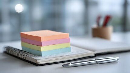 Stack of colorful sticky notes rests on an open notebook next to a pen.