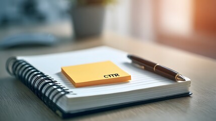 A pen and notepad with a sticky note rest on a wooden desk.