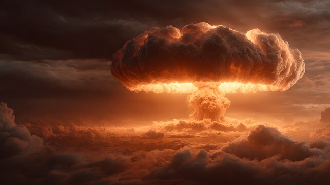 Mushroom cloud explodes brightly with orange glow above clouds.