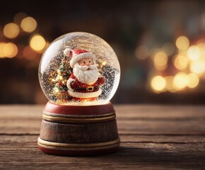 A snow globe showcases a Santa Claus figure next to a Christmas tree on a wooden table with blurred lights in the background