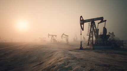 Naklejka premium Many oil pumps operate in a foggy, desolate landscape at sunrise.
