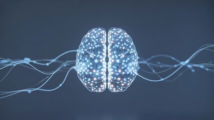 Futuristic Digital Illustration of a Glowing Blue Neural Brain with Complex Interconnected Nodes, Minimalist Slate Gray Background and Advanced Technology Design