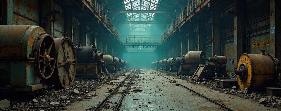 Deserted Factory Floor Rusting Machinery, Dim Lighting, Industrial Decline and Job Losses