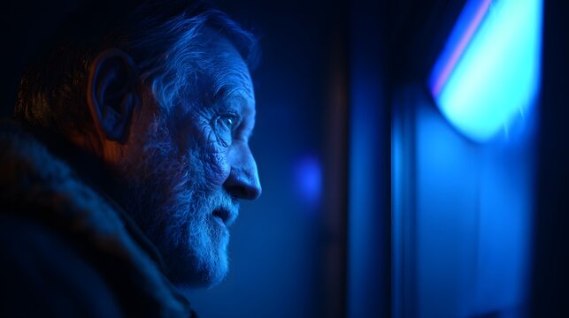 Elderly man's face illuminated by moody blue and neon light. - Powered by Adobe