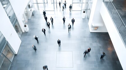 Obraz premium People walking in a modern office building lobby with motion blur.