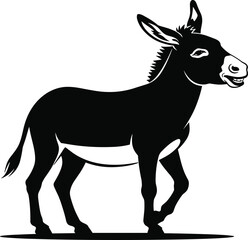 Black and white donkey illustration, farm animal graphic, mule vector silhouette, livestock artwork, rural wildlife design for agriculture and education
