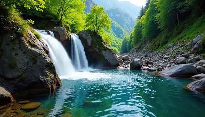 Pristine Welsh Waterfall Cascading Down Rocky Mountainside, Reflecting Vibrant Green Landscape A Stunning Display of Natural Beauty
