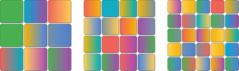 Gradient squares arranged in patterns creating colorful abstract designs backgrounds