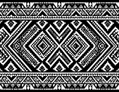 A symmetrical monochrome tribal-style pattern featuring intricate geometric designs with diamond and zig-zag formations. It has borders with similar motifs - Powered by Adobe