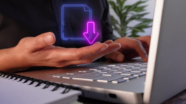 Businesswoman in front of a computer holding a virtual icon of a document with a discharge date