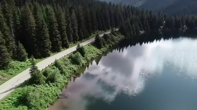 Aerial view of lake and road through forest scenic landscape
