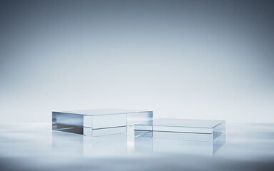 Transparent blue glass geometries background, 3d rendering.