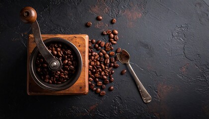 A top-down view shows a vintage wooden coffee grinder, surrounded by coffee beans and a small metal spoon, on a dark surface
