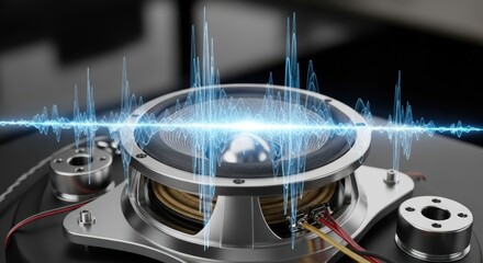 Close-up of a speaker with sound waves emanating from it, featuring wires and metal components on a