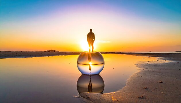 Silhouette of Person on Reflective Orb at Sunset Beach