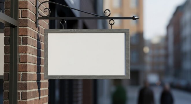 Blank hanging sign on building facade for custom text or graphic