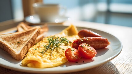 Hearty breakfast plate with omelet, sausages, toast and tomatoes.