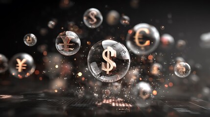 Floating Currency Symbols in Glass Spheres with Glittering Background and Soft Light Effects