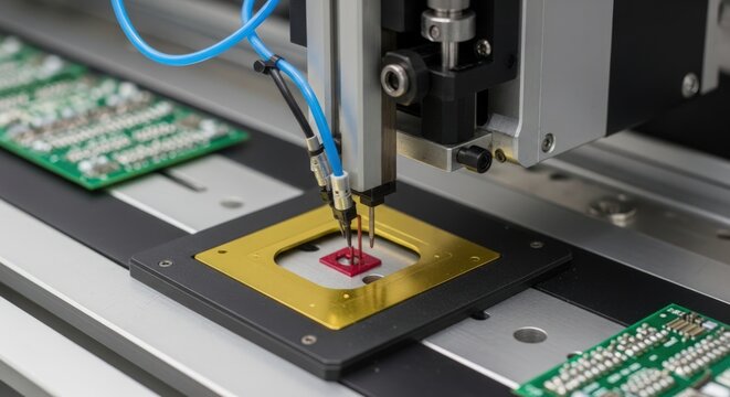 Close-up of an industrial robotic arm soldering a circuit board with a gold plate.