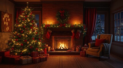 A christmas tree and fireplace in a cozy room with presents and a comfortable armchair nearby