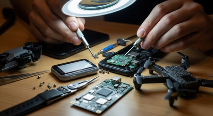 Close-up of hands repairing a smartphone and drone on a wooden workbench with various tools and