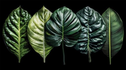 Obraz premium of five assorted large leaves from different species, arranged in row, shadowed base, centered on black background, botanical diversity theme, copy space above assorted leaves, foliage, tropical, 