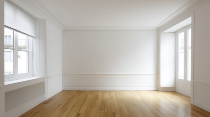 Fototapeta premium Minimalist empty room featuring a large window, filled with soft ambient daylight for a modern interior feel. 