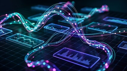 Futuristic Data Visualization with Glowing Cyan and Magenta Lines, Complex Network, Abstract Charts and Graphs on Deep Black Background, Advanced Technology Concept
