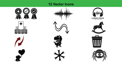 A collection of 12 diverse vector icons presented in a silhouette style, isolated on a clean white background.