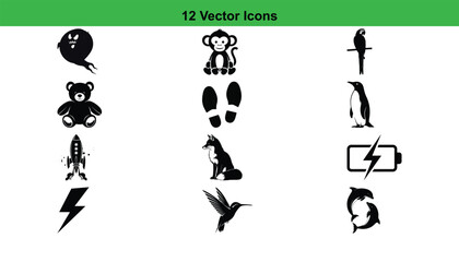 A collection of twelve distinct silhouette icons, including animals, footprints, and a lightning bolt, presented on a clean white background.