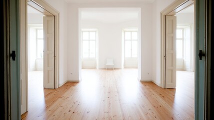 Fototapeta premium organized. A clean and simple office corner featuring a wooden desk and chair under soft natural light. real-estate listings. 