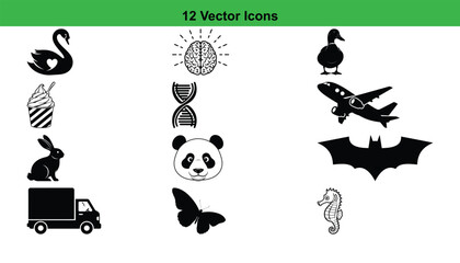 A collection of diverse silhouette vector icons, including animals, vehicles, and abstract shapes, all presented isolated on a clean white background.