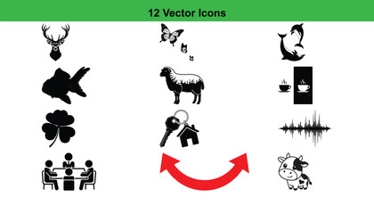 A collection of diverse black silhouette vector icons, including animals, people, and symbols, presented on a clean white background.