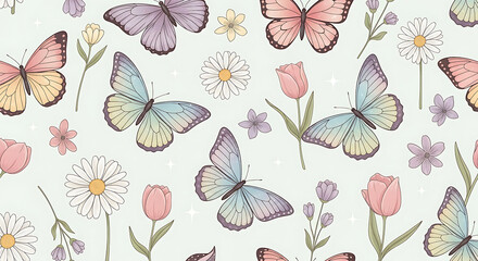 A pastel pattern featuring butterflies and flowers scattered across a light background for decoration .