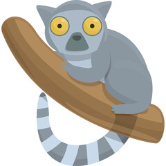 Cute Ring Tailed Lemur Perched on a Tree Branch with Big Yellow Eyes and Striped Tail in a Simple Flat Vector Illustration Style on a Transparent Background