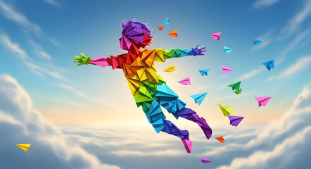 Obraz premium Colorful Child Soaring Through Clouds with Paper Airplanes Symbol of Freedom and Dreams