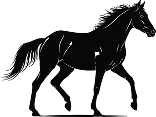 Graceful horse running silhouette, powerful animal, wild nature symbol, elegant equine figure, dynamic movement, black horse illustration, freedom, strength, speed, wild spirit, equestrian icon