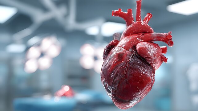 Realistic human heart floats in a sterile operating room environment.