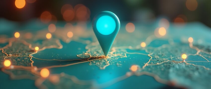 3D Digital Map with Glowing Map Pointer. - Powered by Adobe